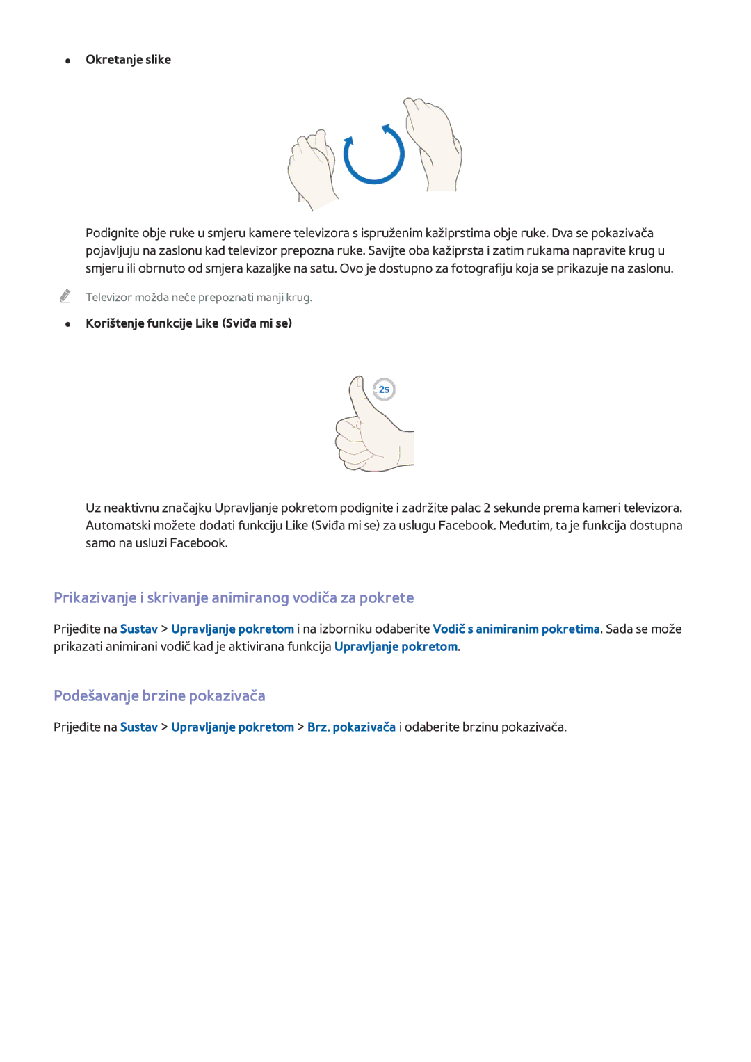 Samsung UE65HU8500TXXH manual Prikazivanje i skrivanje animiranog vodiča za pokrete, Podešavanje brzine pokazivača 