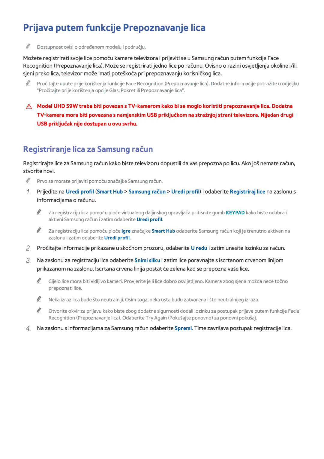 Samsung UE55HU8500TXXH, UE78HU8500TXXH manual Prijava putem funkcije Prepoznavanje lica, Registriranje lica za Samsung račun 