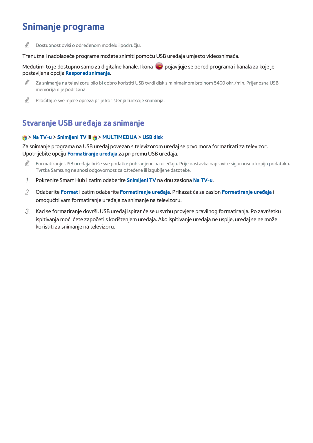 Samsung UE78HU8500TXXH Snimanje programa, Stvaranje USB uređaja za snimanje, Na TV-u Snimljeni TV ili Multimedija USB disk 