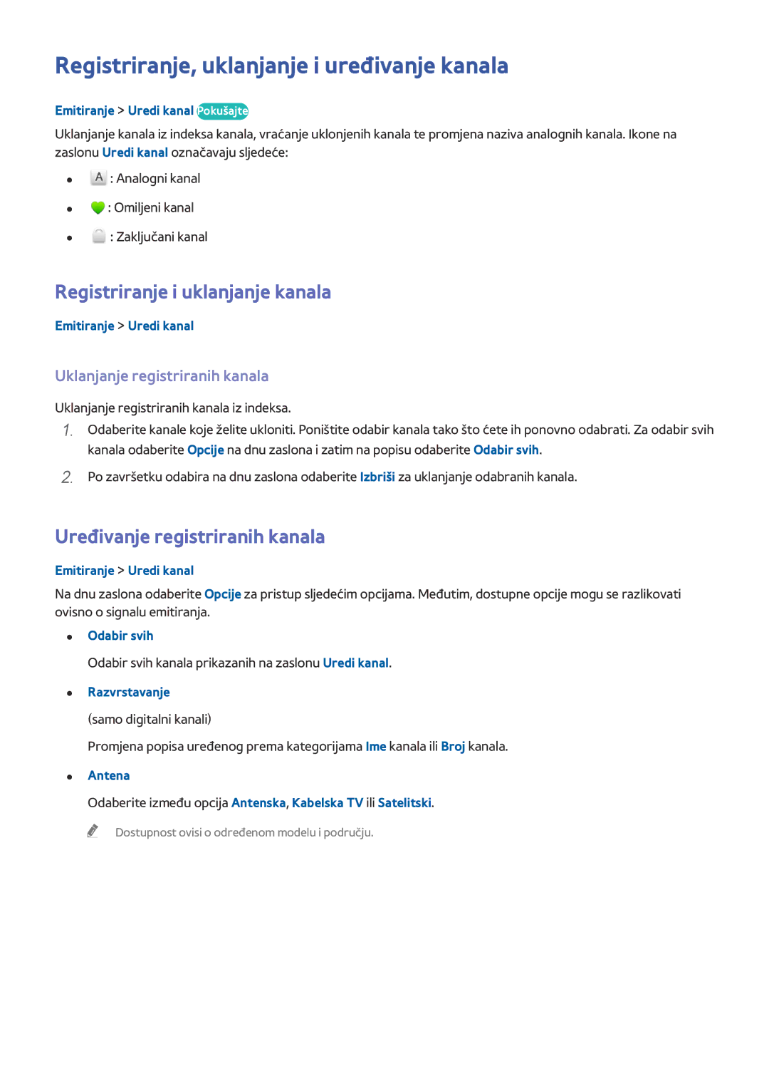 Samsung UE65HU8500TXXH, UE55HU8500TXXH Registriranje, uklanjanje i uređivanje kanala, Registriranje i uklanjanje kanala 