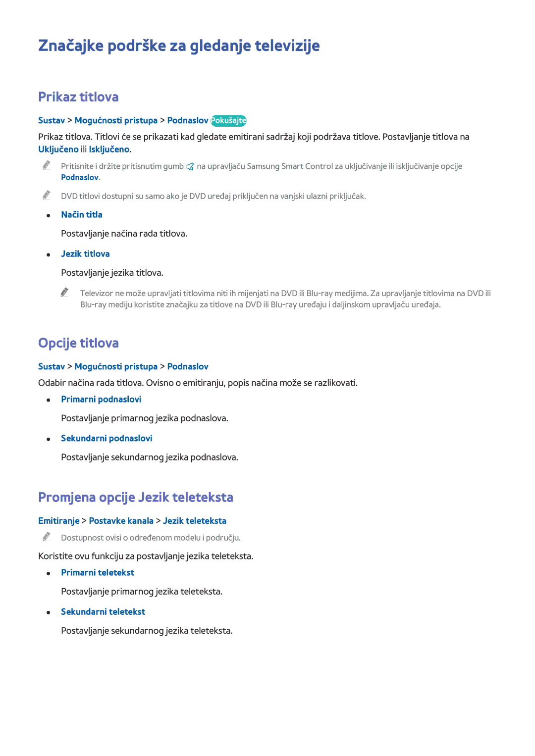 Samsung UE65HU8500TXXH, UE55HU8500TXXH manual Značajke podrške za gledanje televizije, Prikaz titlova, Opcije titlova 