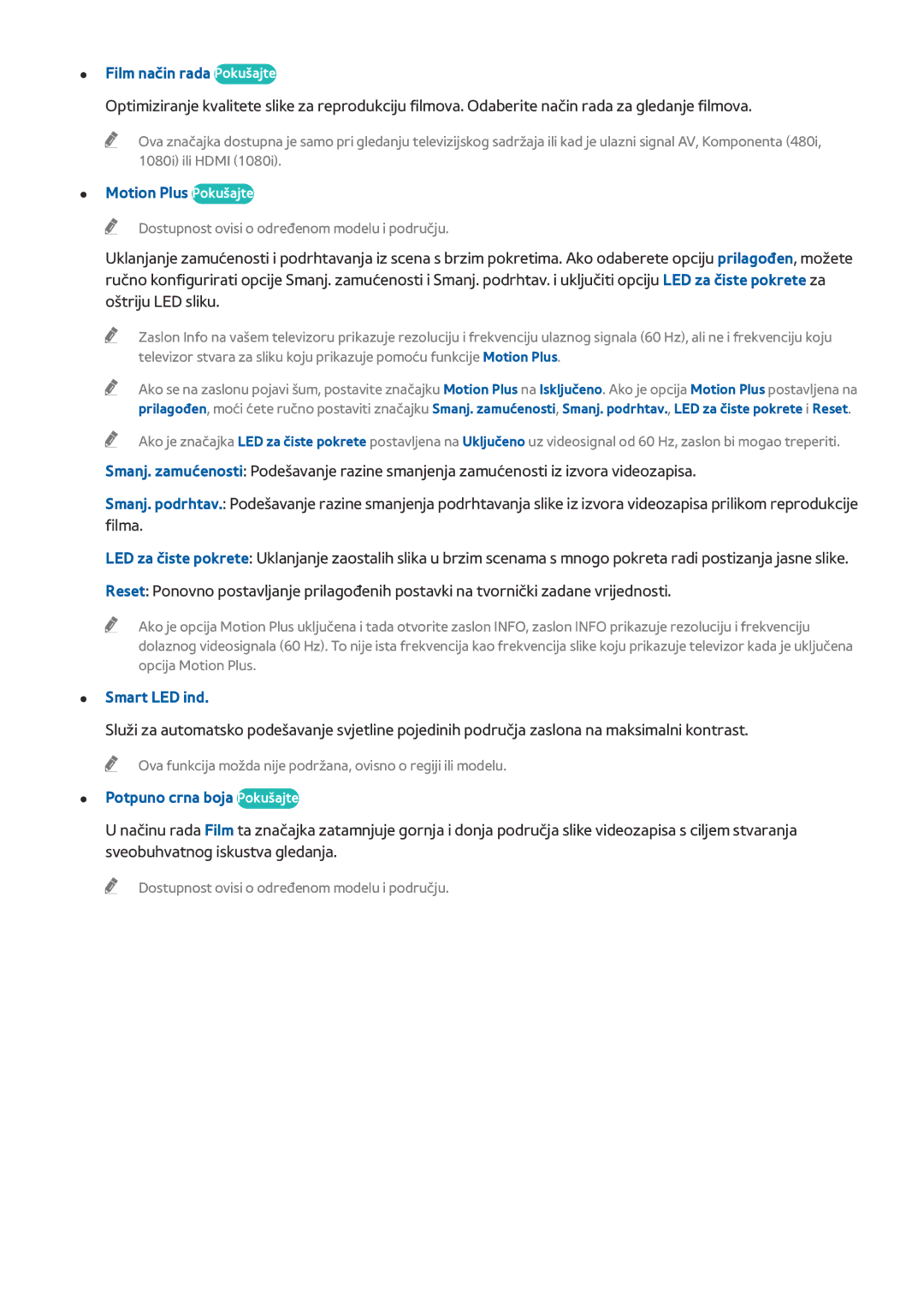 Samsung UE78HU8500TXXH manual Film način rada Pokušajte, Motion Plus Pokušajte, Smart LED ind, Potpuno crna boja Pokušajte 