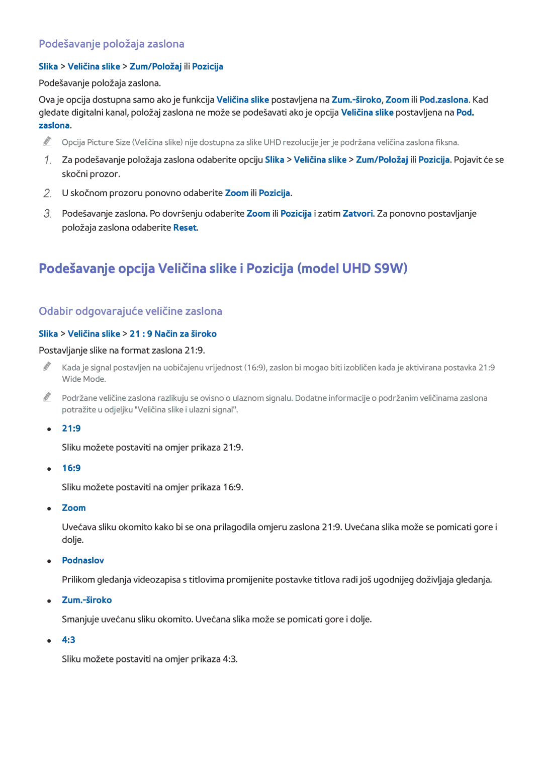 Samsung UE78HU8500TXXH manual Podešavanje opcija Veličina slike i Pozicija model UHD S9W, Podešavanje položaja zaslona 