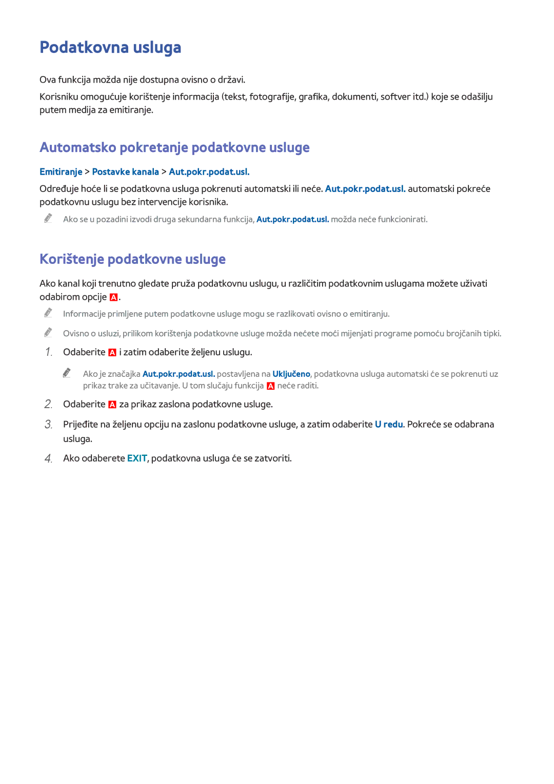 Samsung UE55HU8500TXXH manual Podatkovna usluga, Automatsko pokretanje podatkovne usluge, Korištenje podatkovne usluge 