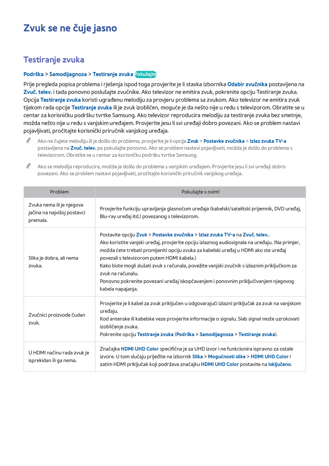Samsung UE65HU8500TXXH, UE55HU8500TXXH manual Zvuk se ne čuje jasno, Podrška Samodijagnoza Testiranje zvuka Pokušajte 