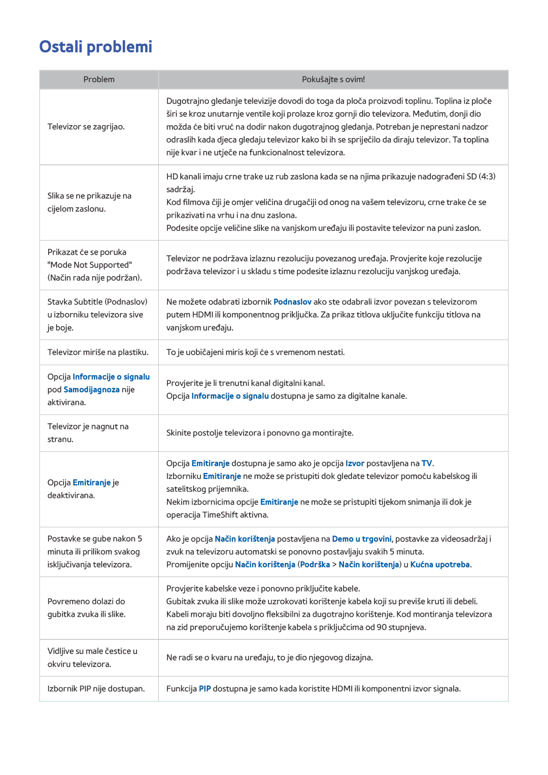 Samsung UE55HU8500TXXH manual Ostali problemi, Opcija Informacije o signalu, Pod Samodijagnoza nije, Opcija Emitiranje je 