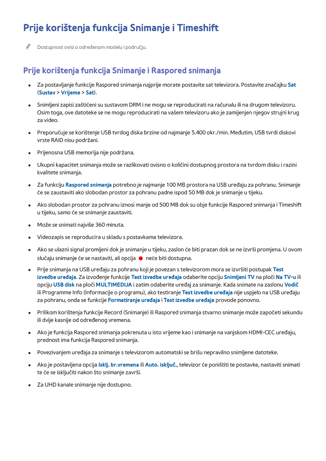 Samsung UE65HU8500TXXH, UE55HU8500TXXH, UE78HU8500TXXH manual Prije korištenja funkcija Snimanje i Timeshift 