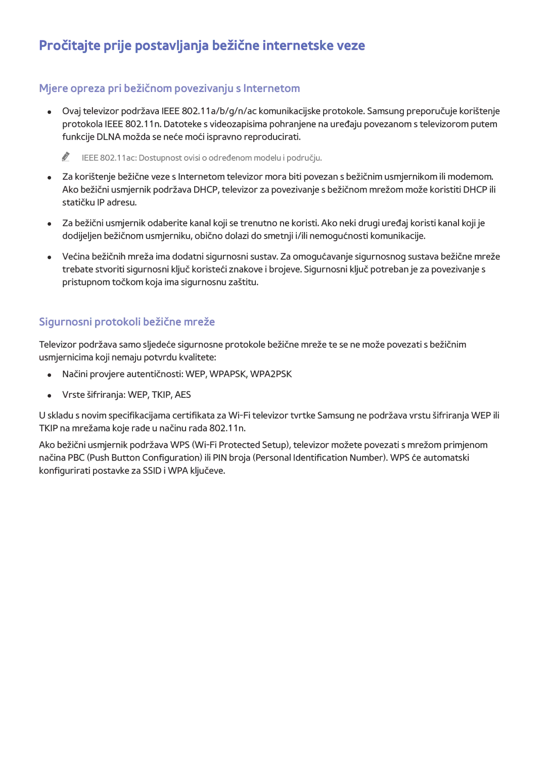 Samsung UE65HU8500TXXH manual Pročitajte prije postavljanja bežične internetske veze, Sigurnosni protokoli bežične mreže 