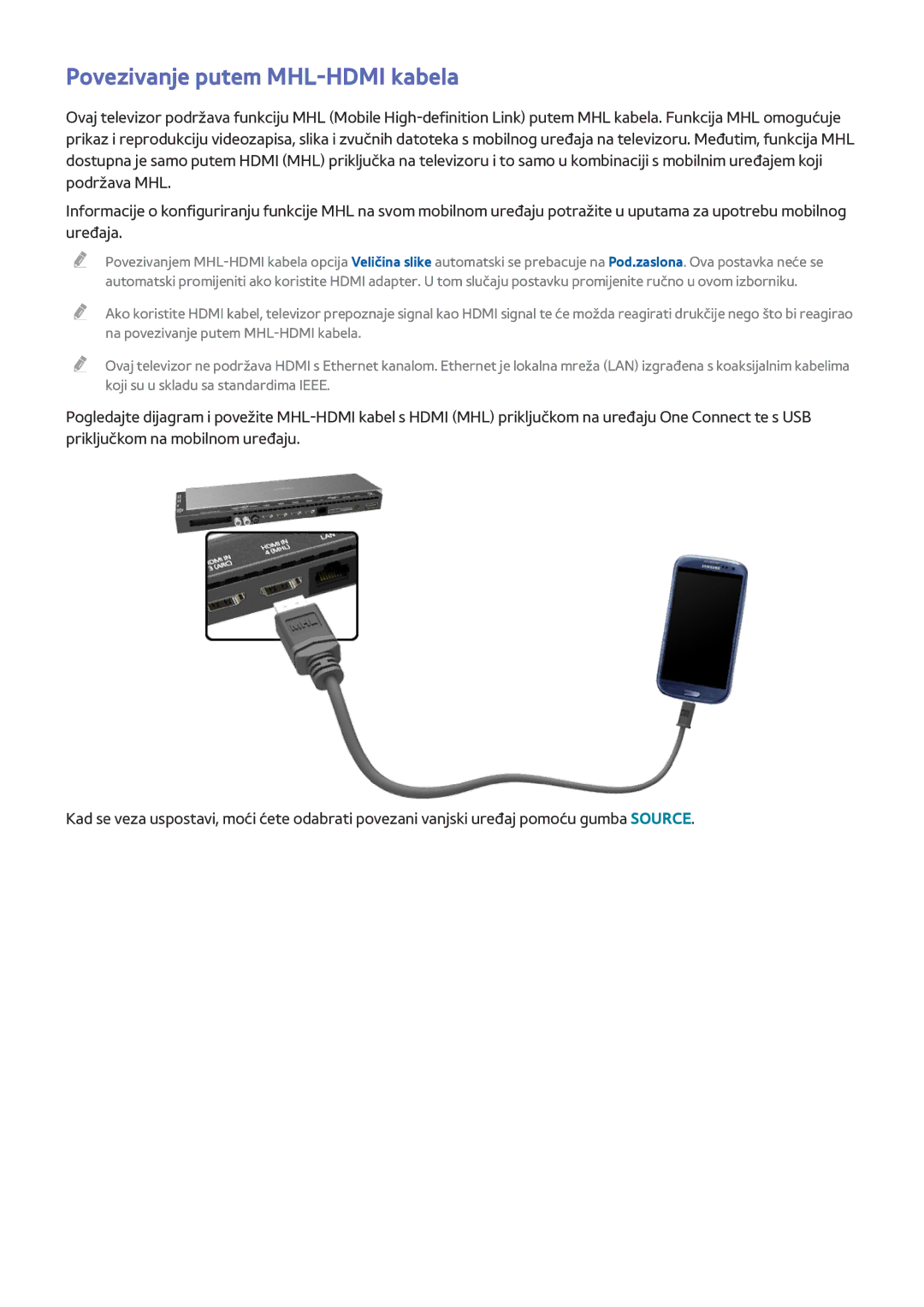 Samsung UE65HU8500TXXH, UE55HU8500TXXH, UE78HU8500TXXH manual Povezivanje putem MHL-HDMI kabela 