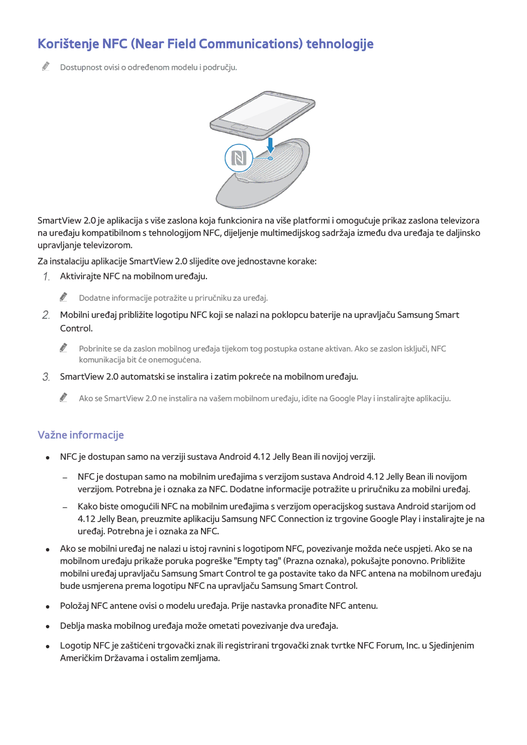 Samsung UE65HU8500TXXH, UE55HU8500TXXH manual Korištenje NFC Near Field Communications tehnologije, Važne informacije 