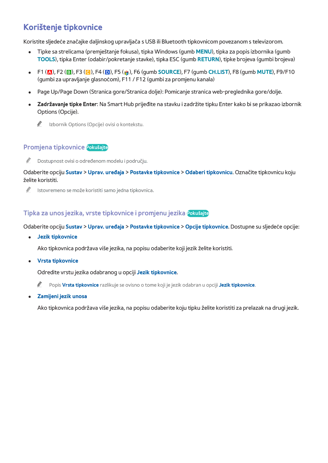 Samsung UE78HU8500TXXH manual Korištenje tipkovnice, Promjena tipkovnice Pokušajte, Vrsta tipkovnice, Zamijeni jezik unosa 