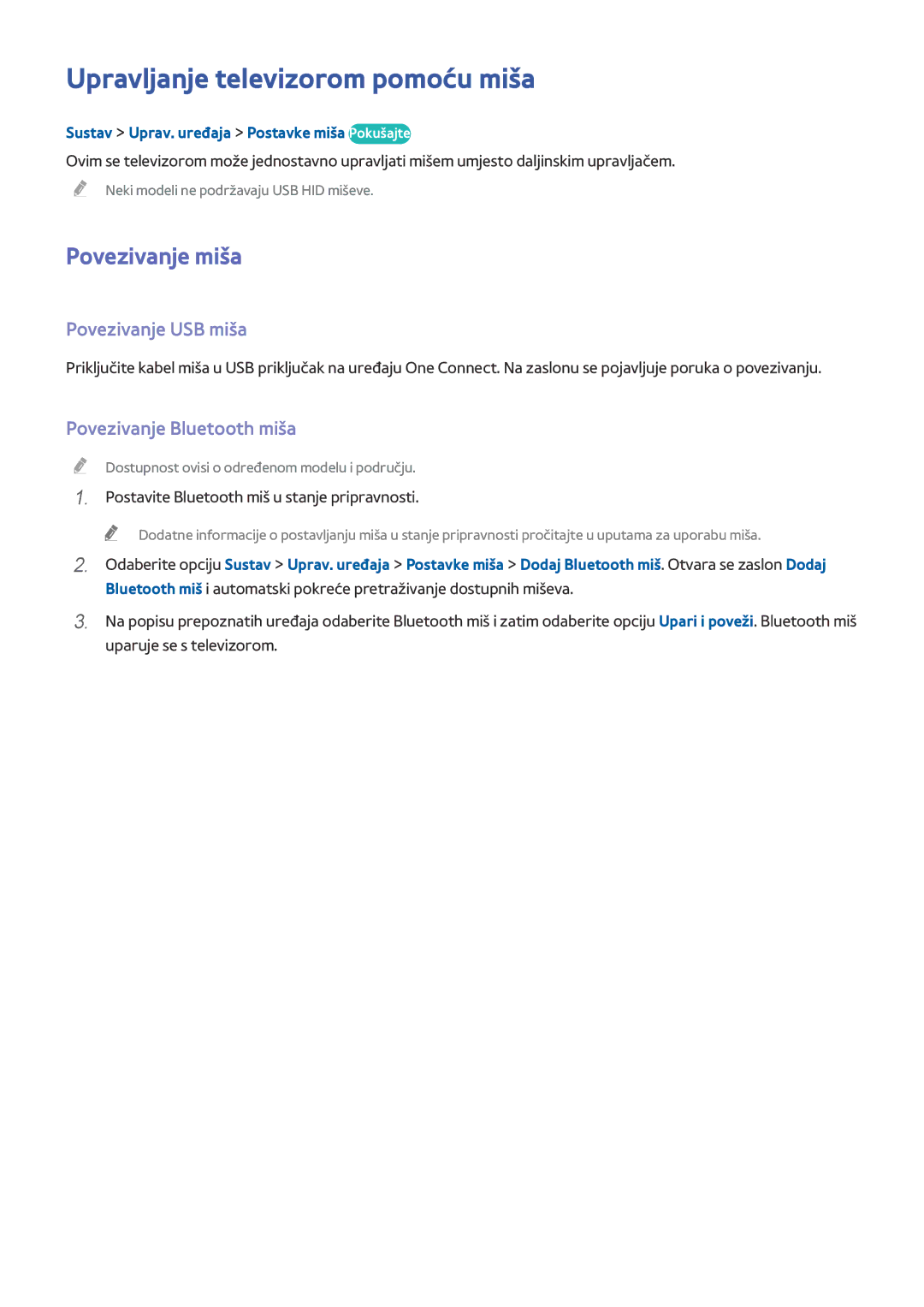 Samsung UE65HU8500TXXH, UE55HU8500TXXH manual Upravljanje televizorom pomoću miša, Povezivanje miša, Povezivanje USB miša 