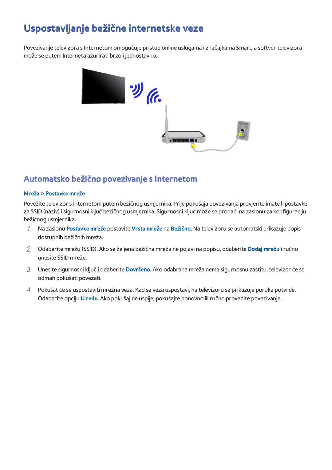 Samsung UE65HU8500TXXH manual Uspostavljanje bežične internetske veze, Automatsko bežično povezivanje s Internetom 