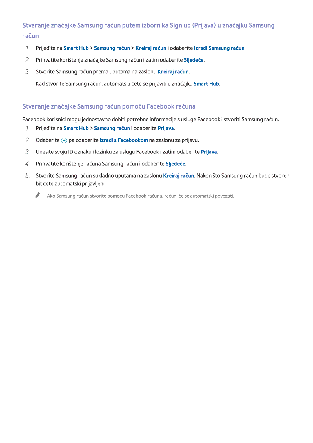 Samsung UE55HU8500TXXH, UE78HU8500TXXH, UE65HU8500TXXH manual Stvaranje značajke Samsung račun pomoću Facebook računa 