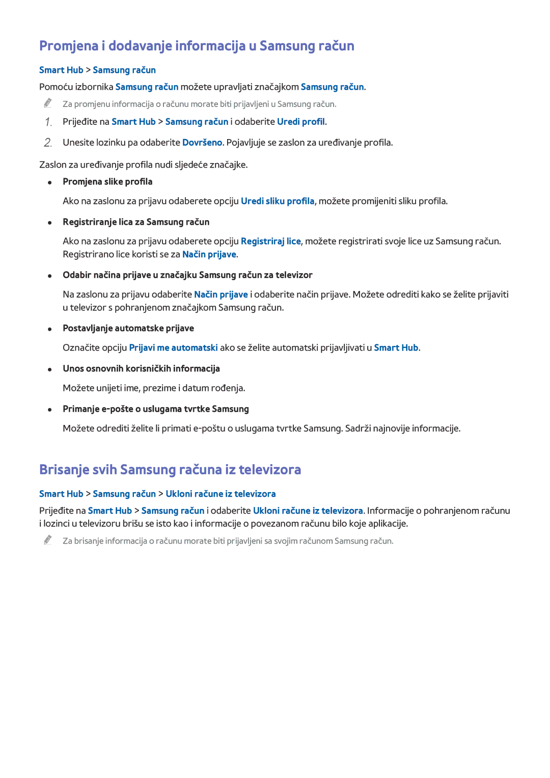 Samsung UE55HU8500TXXH manual Promjena i dodavanje informacija u Samsung račun, Brisanje svih Samsung računa iz televizora 