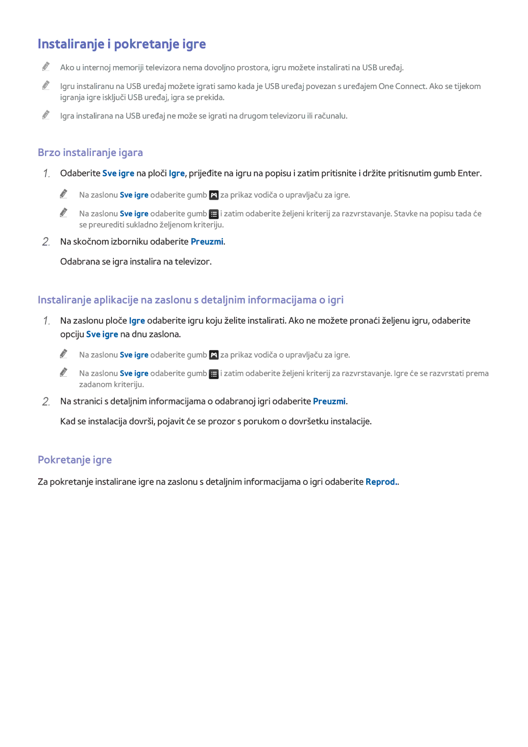 Samsung UE65HU8500TXXH, UE55HU8500TXXH manual Instaliranje i pokretanje igre, Brzo instaliranje igara, Pokretanje igre 