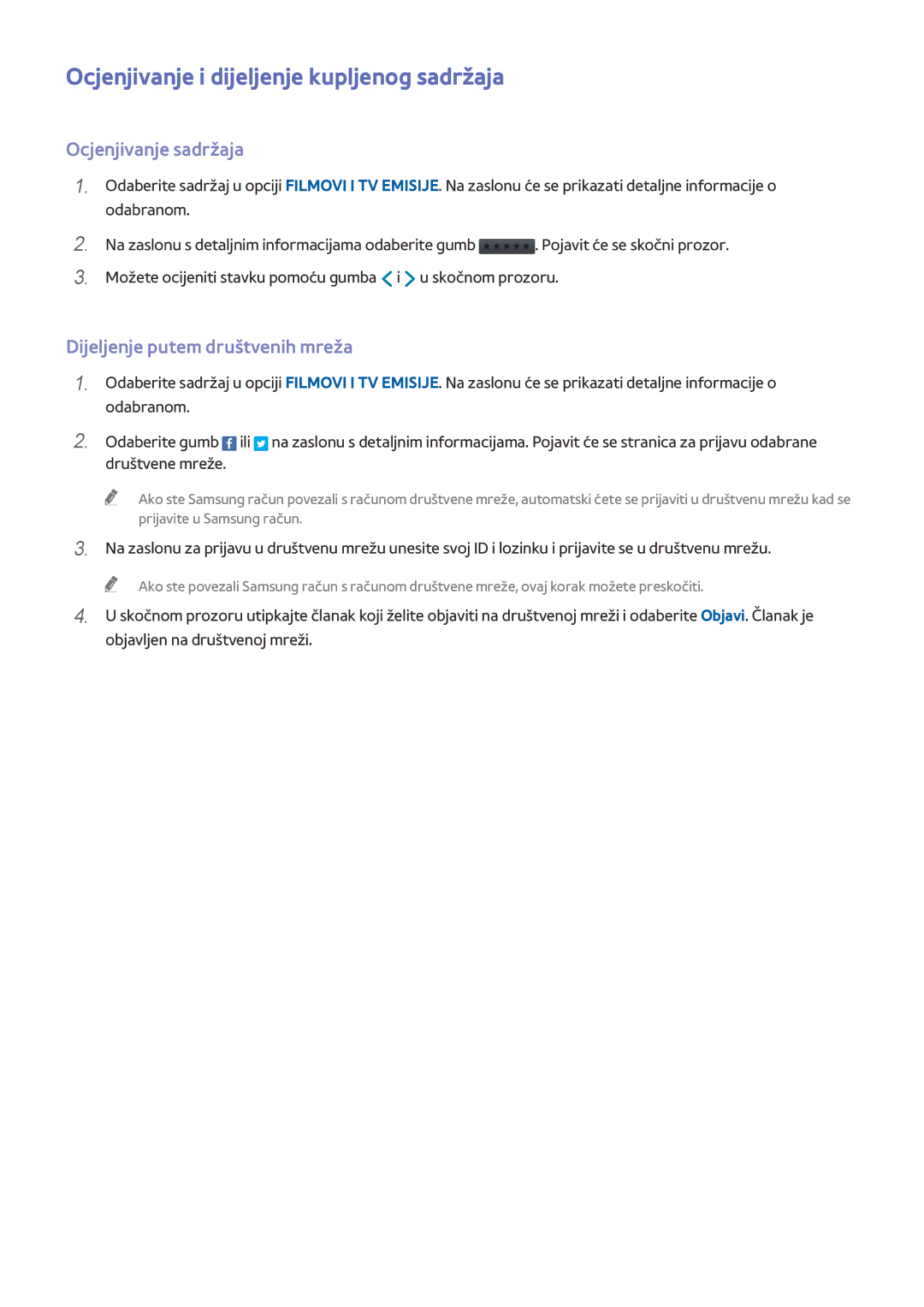 Samsung UE55HU8500TXXH, UE78HU8500TXXH, UE65HU8500TXXH Ocjenjivanje i dijeljenje kupljenog sadržaja, Ocjenjivanje sadržaja 