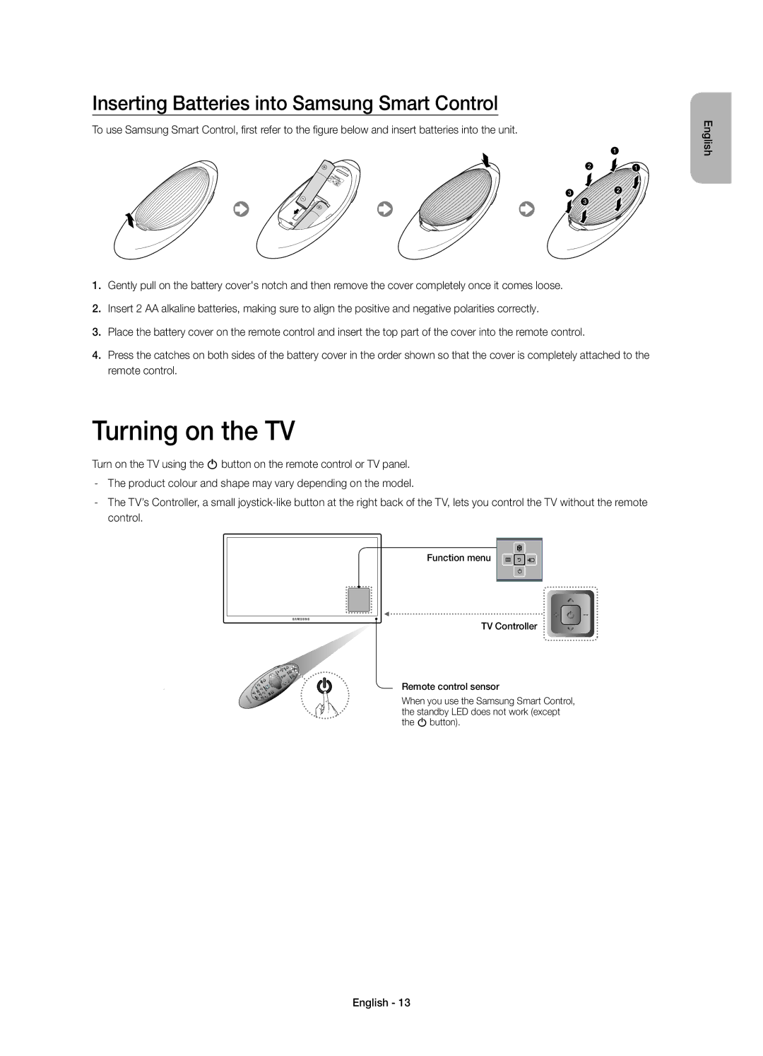 Samsung UE65HU8500ZXZT, UE55HU8500ZXZT manual Turning on the TV, Inserting Batteries into Samsung Smart Control 