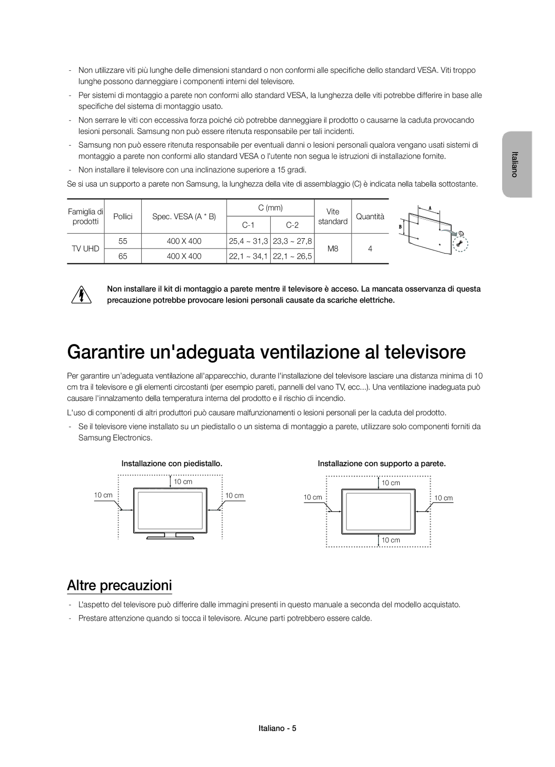 Samsung UE65HU8500ZXZT, UE55HU8500ZXZT manual Garantire unadeguata ventilazione al televisore, Altre precauzioni 