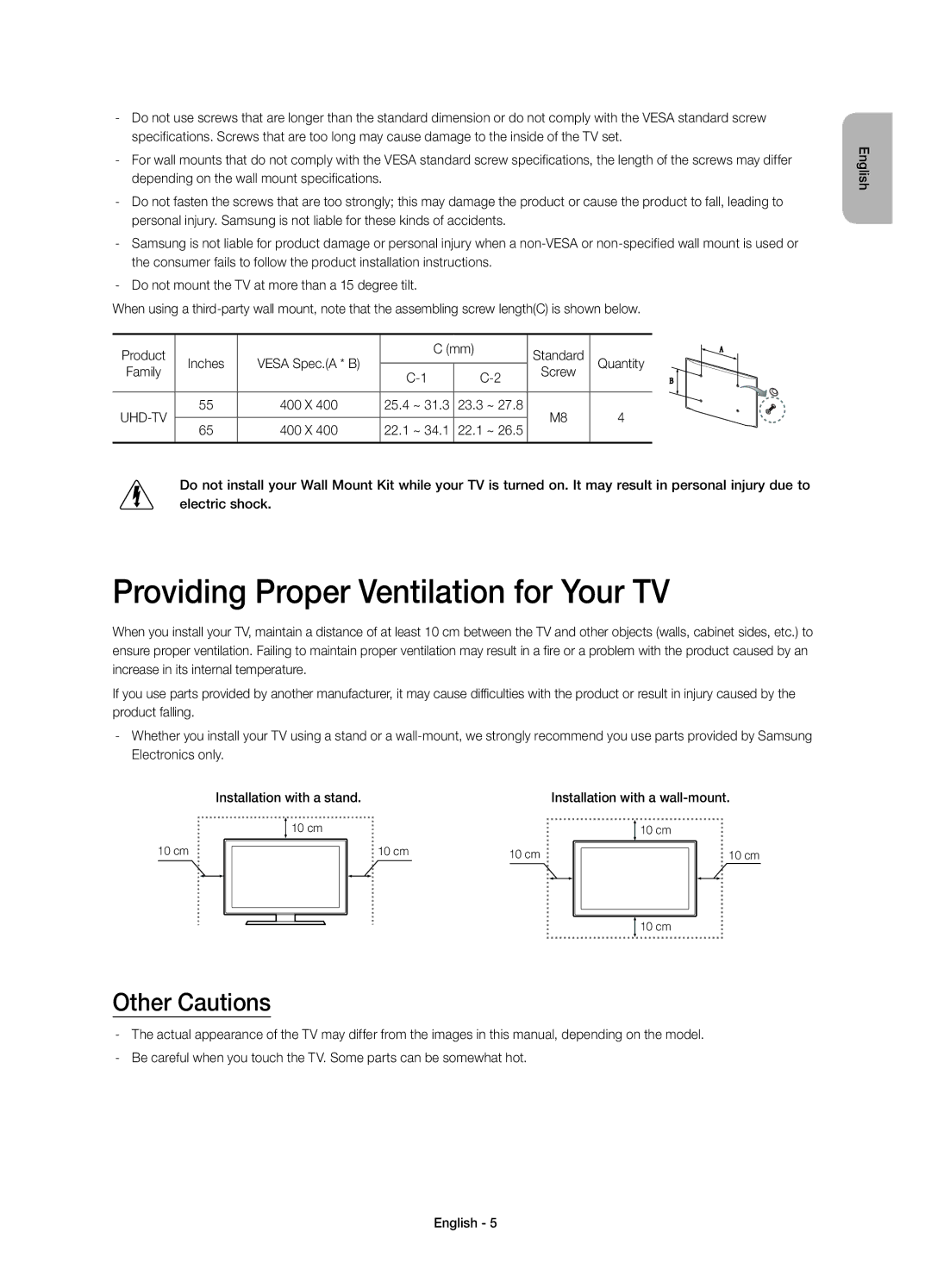 Samsung UE65HU8500ZXZT, UE55HU8500ZXZT manual Providing Proper Ventilation for Your TV, Other Cautions 