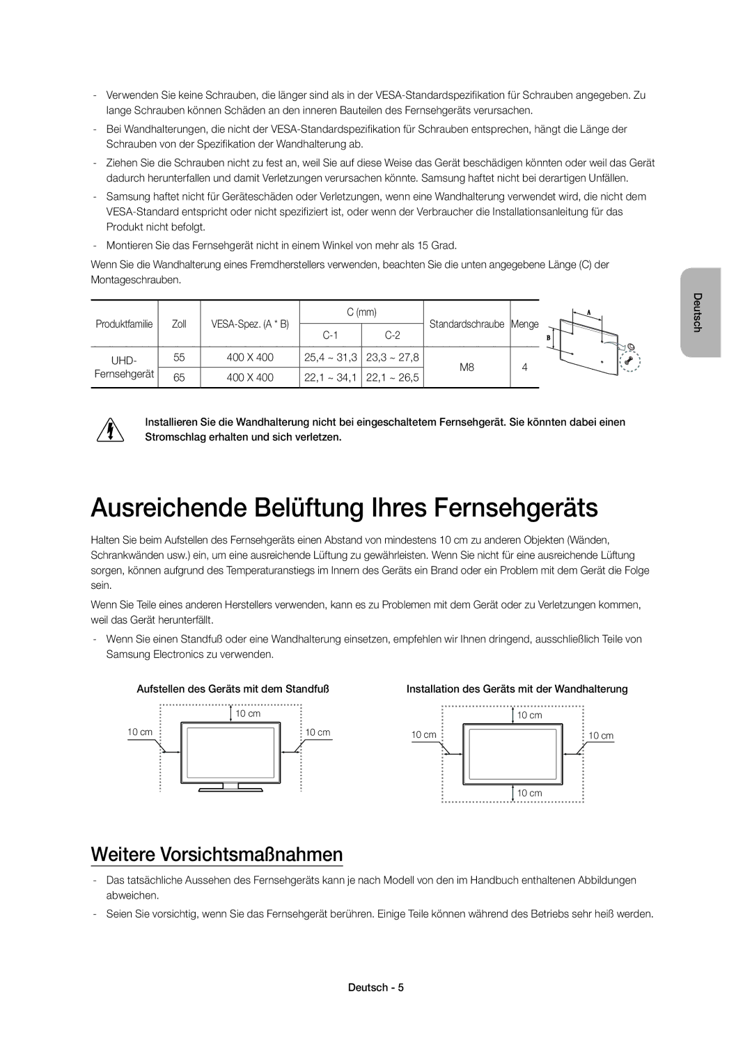 Samsung UE65HU8500ZXZT, UE55HU8500ZXZT manual Ausreichende Belüftung Ihres Fernsehgeräts, Weitere Vorsichtsmaßnahmen, Zoll 