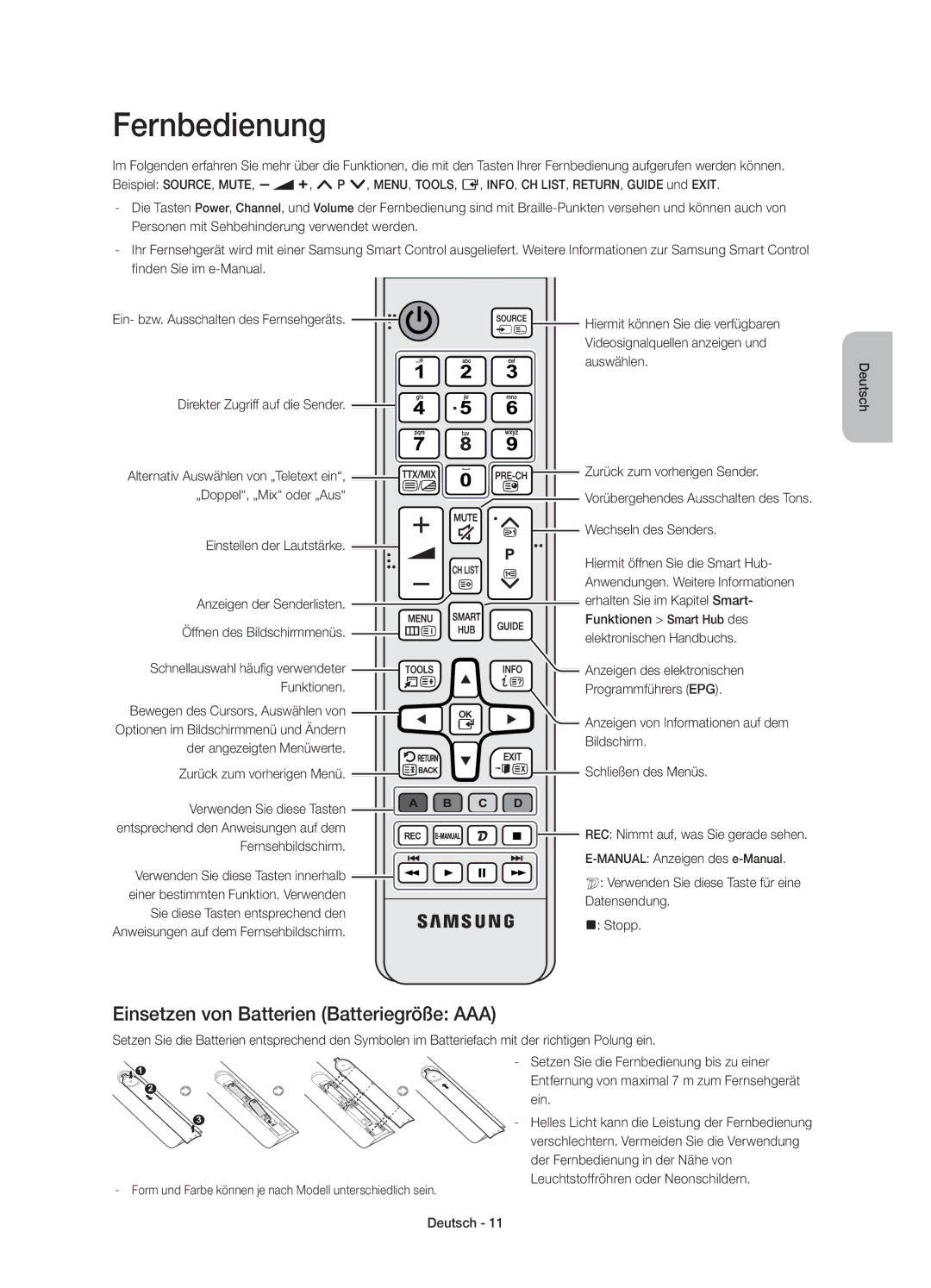 Samsung UE65HU8500ZXZT, UE55HU8500ZXZT manual Fernbedienung, Einsetzen von Batterien Batteriegröße AAA 