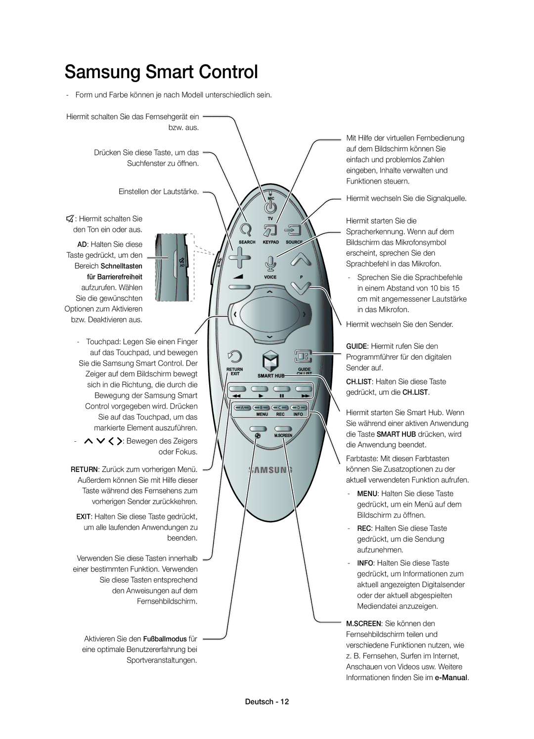 Samsung UE55HU8500ZXZT manual Form und Farbe können je nach Modell unterschiedlich sein, ¡ £ Bewegen des Zeigers oder Fokus 