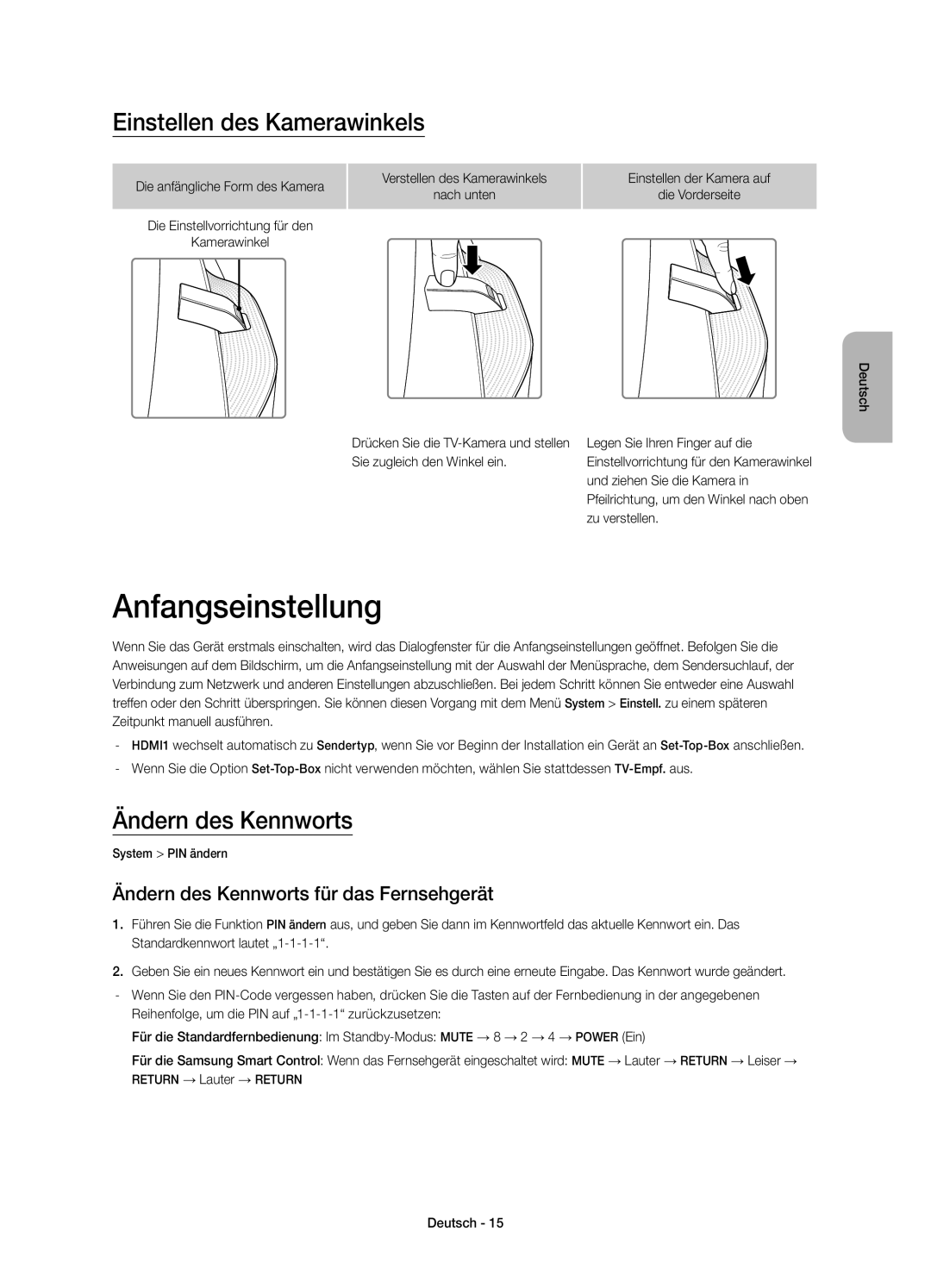 Samsung UE65HU8500ZXZT, UE55HU8500ZXZT manual Anfangseinstellung, Einstellen des Kamerawinkels, Ändern des Kennworts 