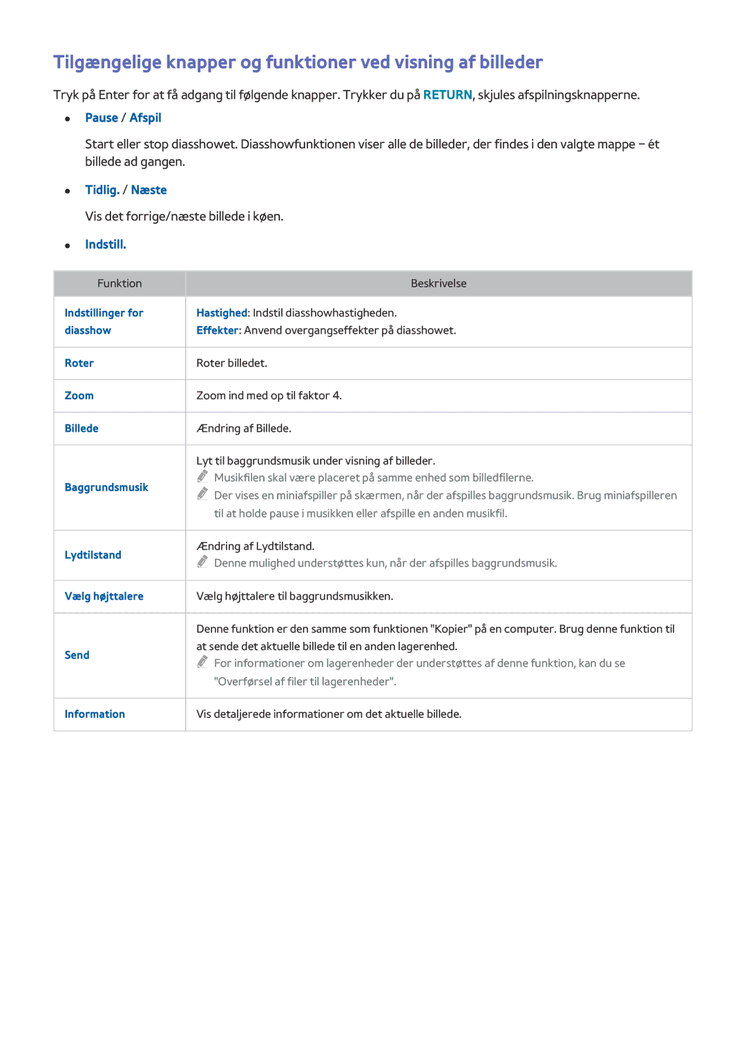 Samsung UE65HU8505QXXE manual Tilgængelige knapper og funktioner ved visning af billeder, Pause / Afspil, Tidlig. / Næste 