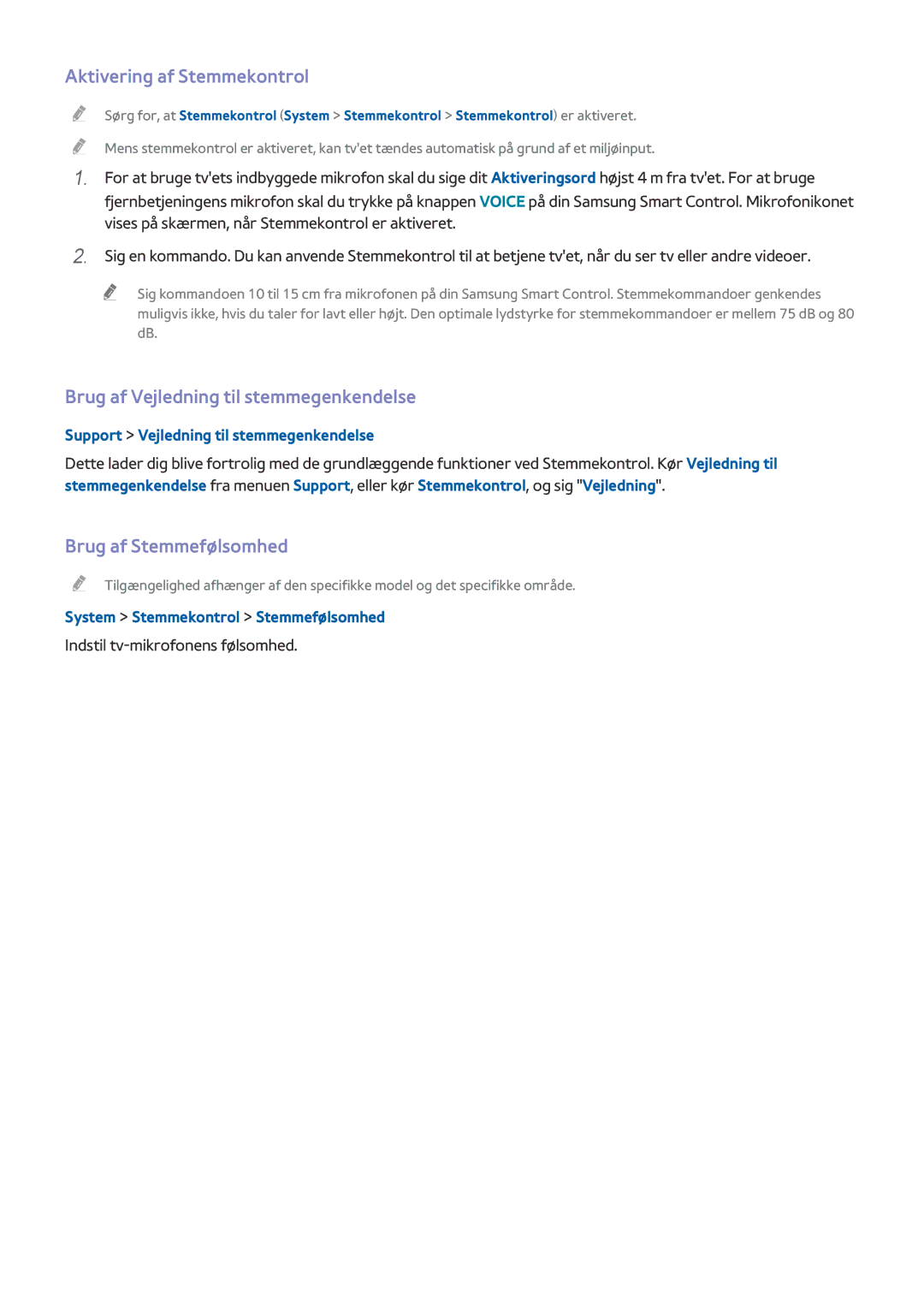 Samsung UE78HU8505QXXE manual Aktivering af Stemmekontrol, Brug af Stemmefølsomhed, System Stemmekontrol Stemmefølsomhed 