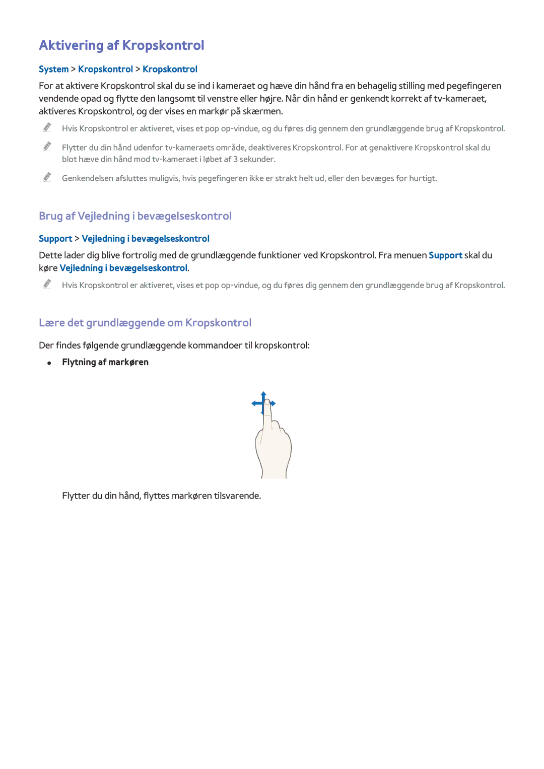Samsung UE65HU8505QXXE, UE55HU8505QXXE, UE78HU8505QXXE Aktivering af Kropskontrol, Brug af Vejledning i bevægelseskontrol 