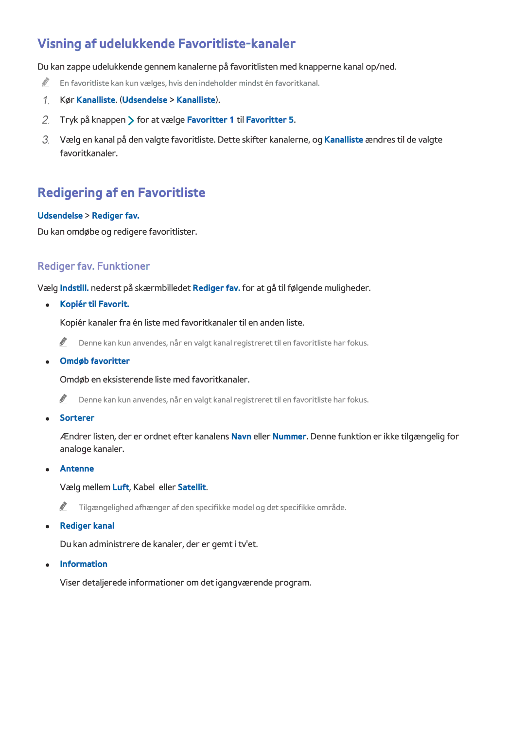Samsung UE65HU8505QXXE Visning af udelukkende Favoritliste-kanaler, Redigering af en Favoritliste, Rediger fav. Funktioner 