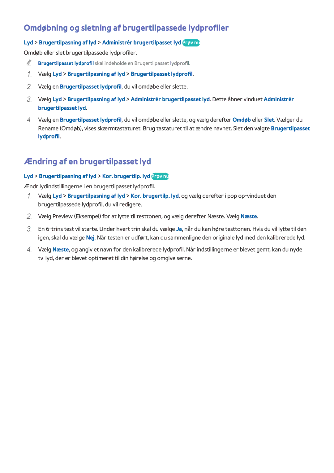 Samsung UE55HU8505QXXE manual Omdøbning og sletning af brugertilpassede lydprofiler, Ændring af en brugertilpasset lyd 