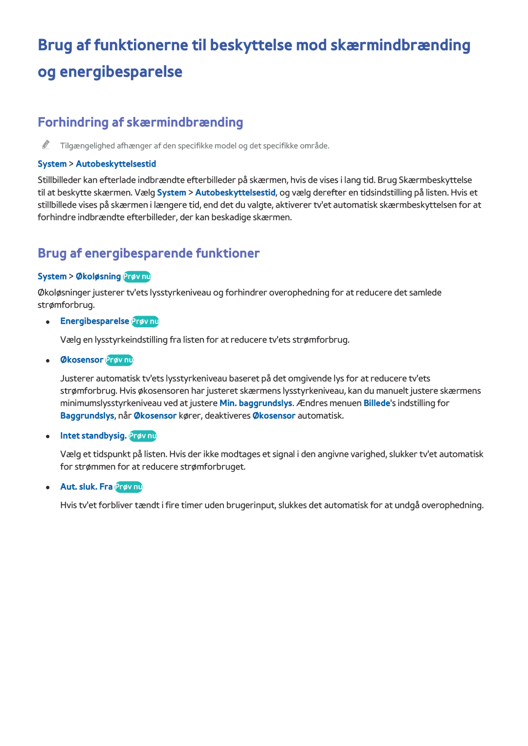 Samsung UE65HU8505QXXE, UE55HU8505QXXE, UE78HU8505QXXE Forhindring af skærmindbrænding, Brug af energibesparende funktioner 