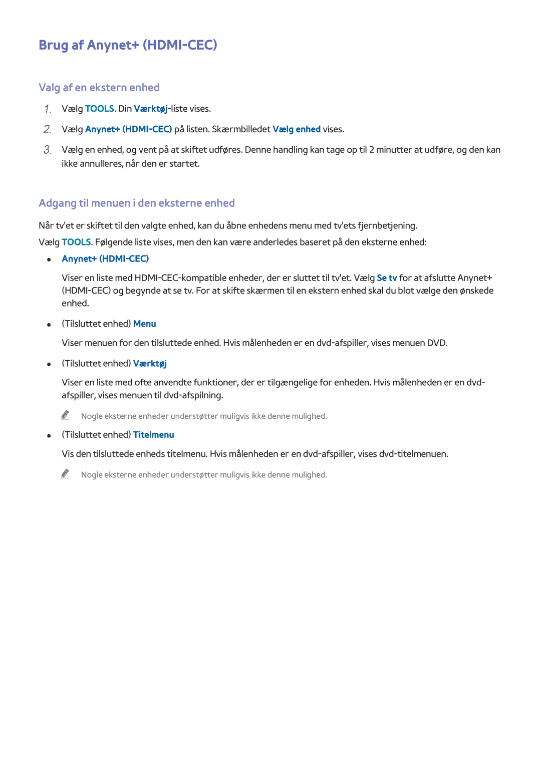 Samsung UE78HU8505QXXE manual Brug af Anynet+ HDMI-CEC, Valg af en ekstern enhed, Adgang til menuen i den eksterne enhed 