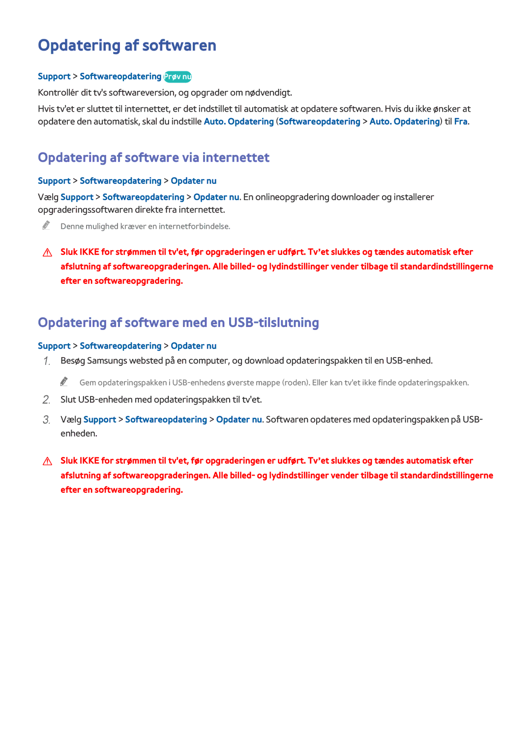 Samsung UE78HU8505QXXE Opdatering af softwaren, Opdatering af software via internettet, Support Softwareopdatering Prøv nu 