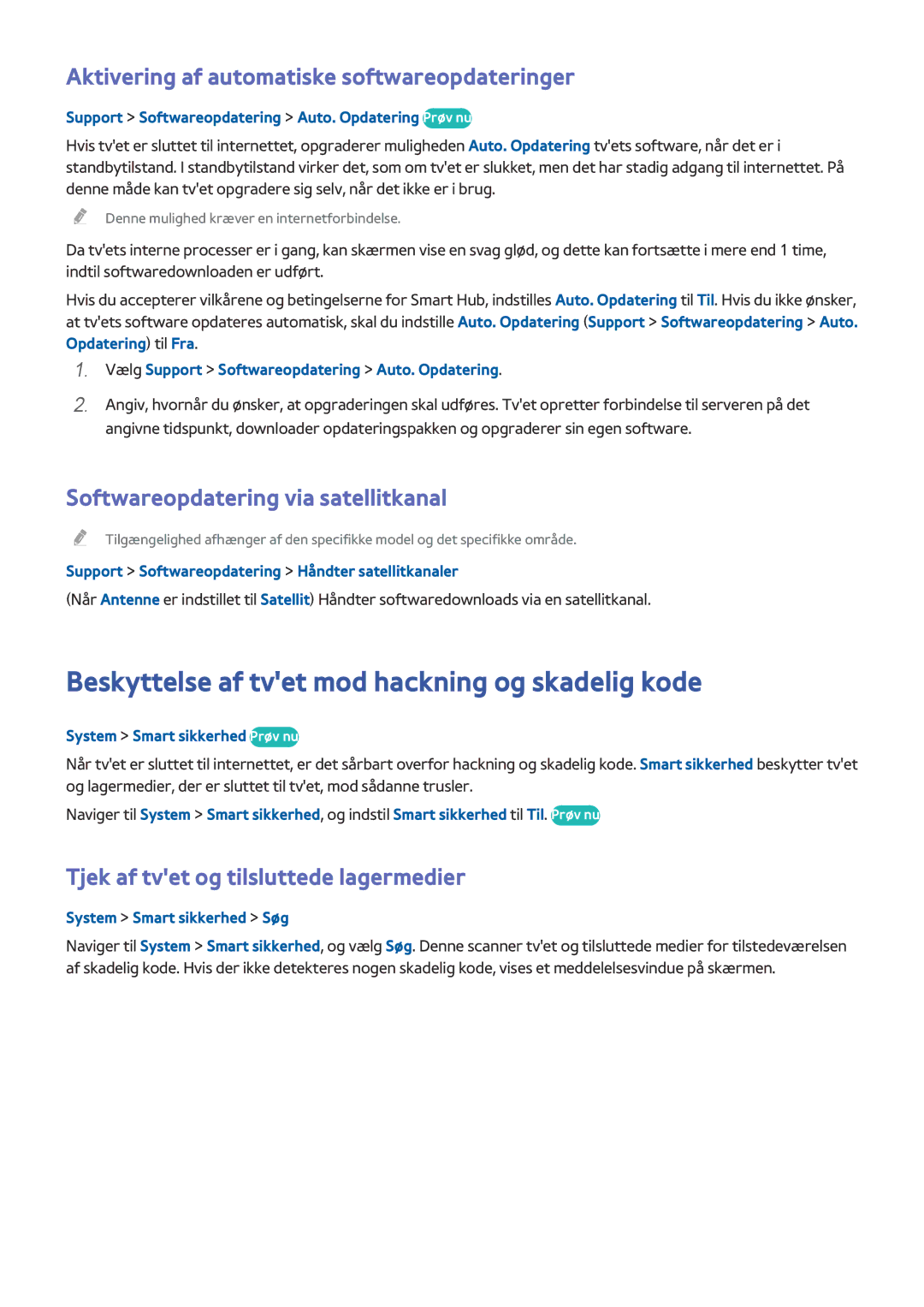 Samsung UE65HU8505QXXE Beskyttelse af tvet mod hackning og skadelig kode, Aktivering af automatiske softwareopdateringer 