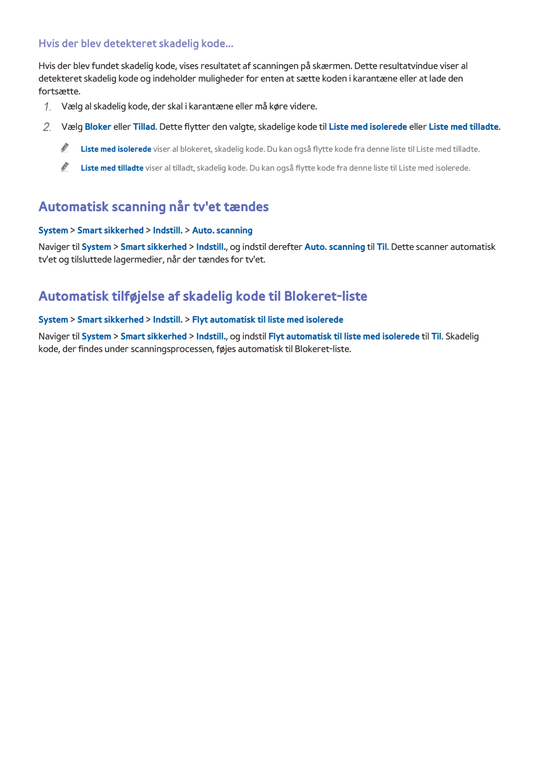 Samsung UE55HU8505QXXE Automatisk scanning når tvet tændes, Automatisk tilføjelse af skadelig kode til Blokeret-liste 