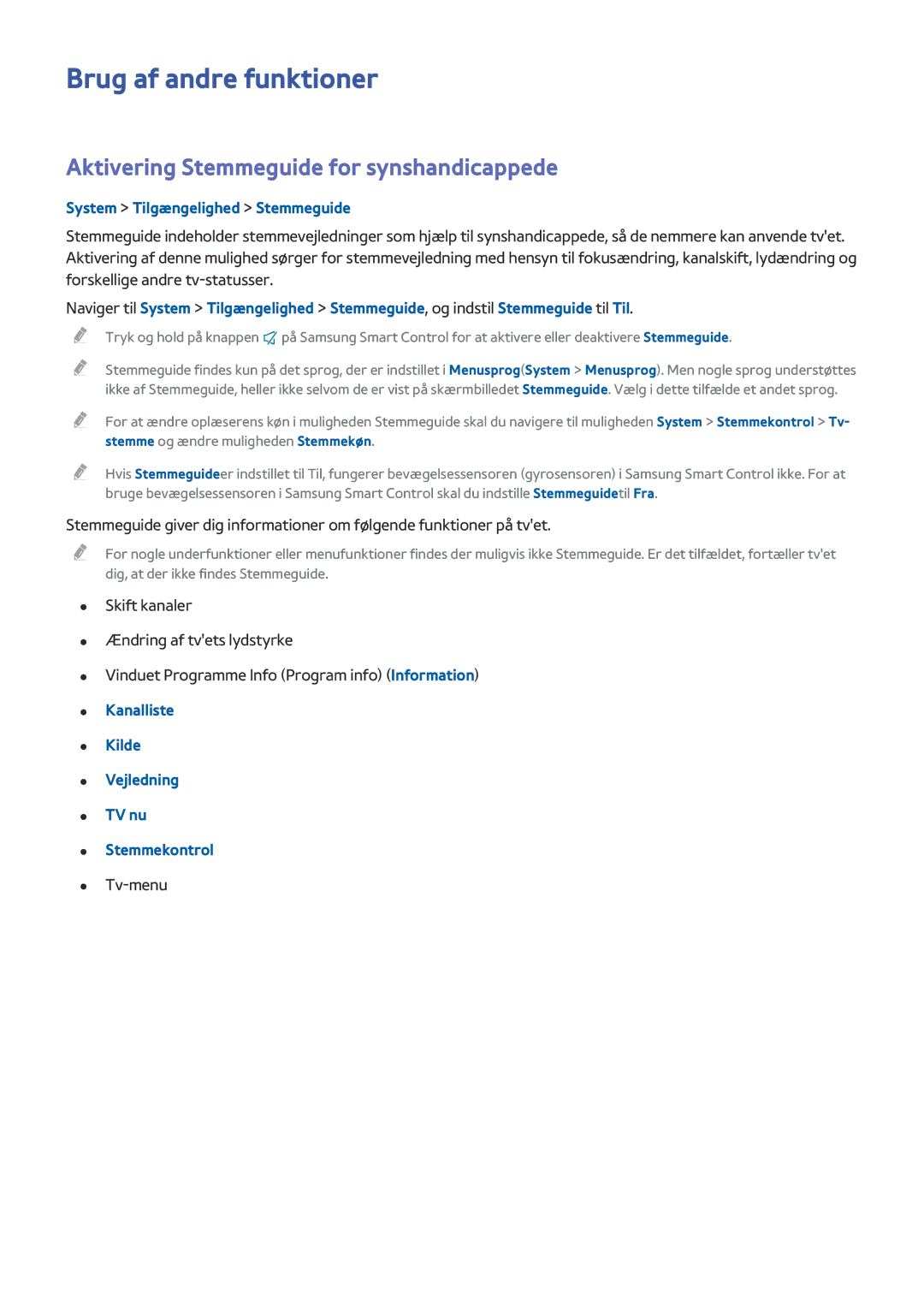 Samsung UE78HU8505QXXE, UE55HU8505QXXE manual Brug af andre funktioner, Aktivering Stemmeguide for synshandicappede, Tv-menu 