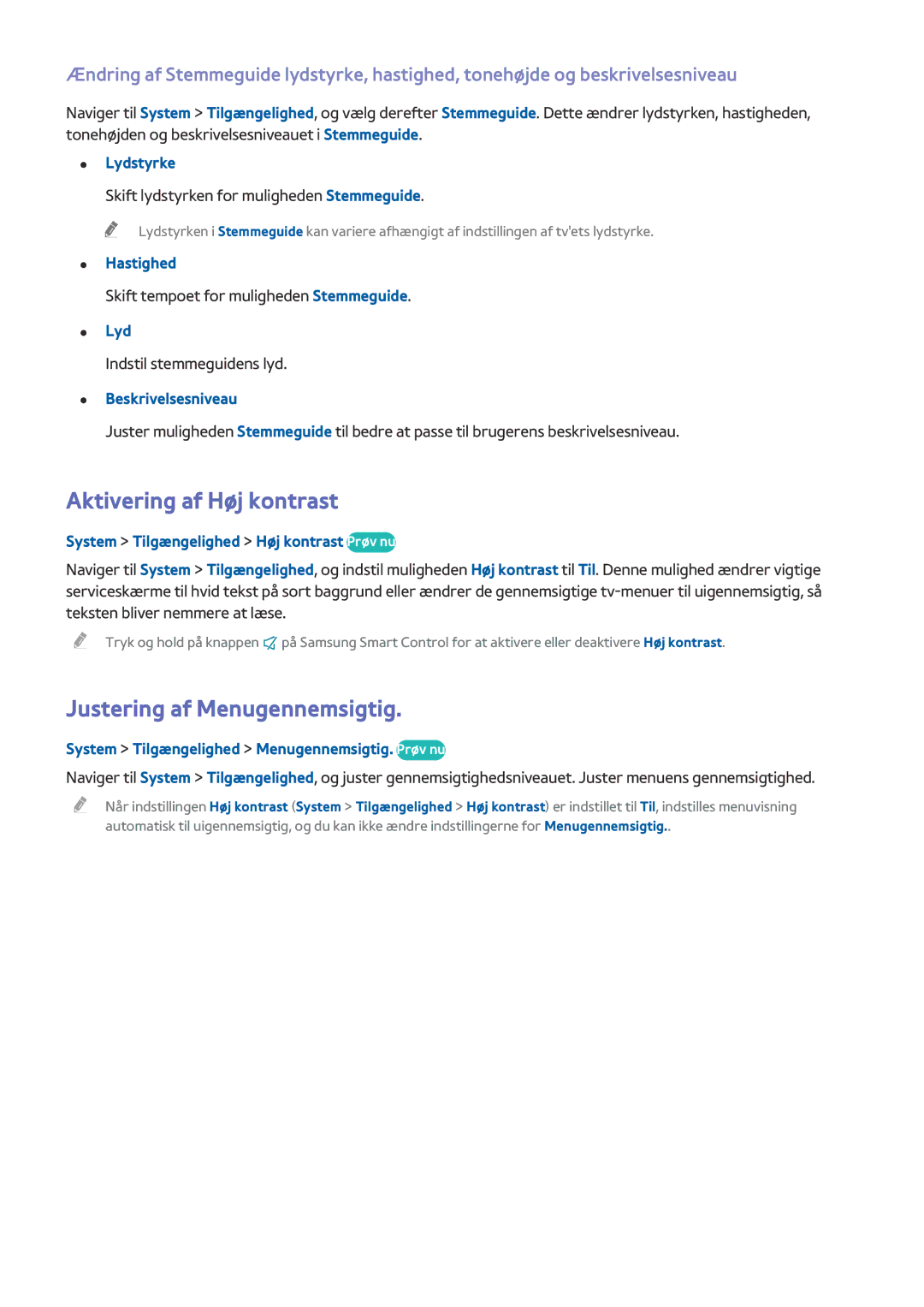 Samsung UE65HU8505QXXE, UE55HU8505QXXE, UE78HU8505QXXE manual Aktivering af Høj kontrast, Justering af Menugennemsigtig 