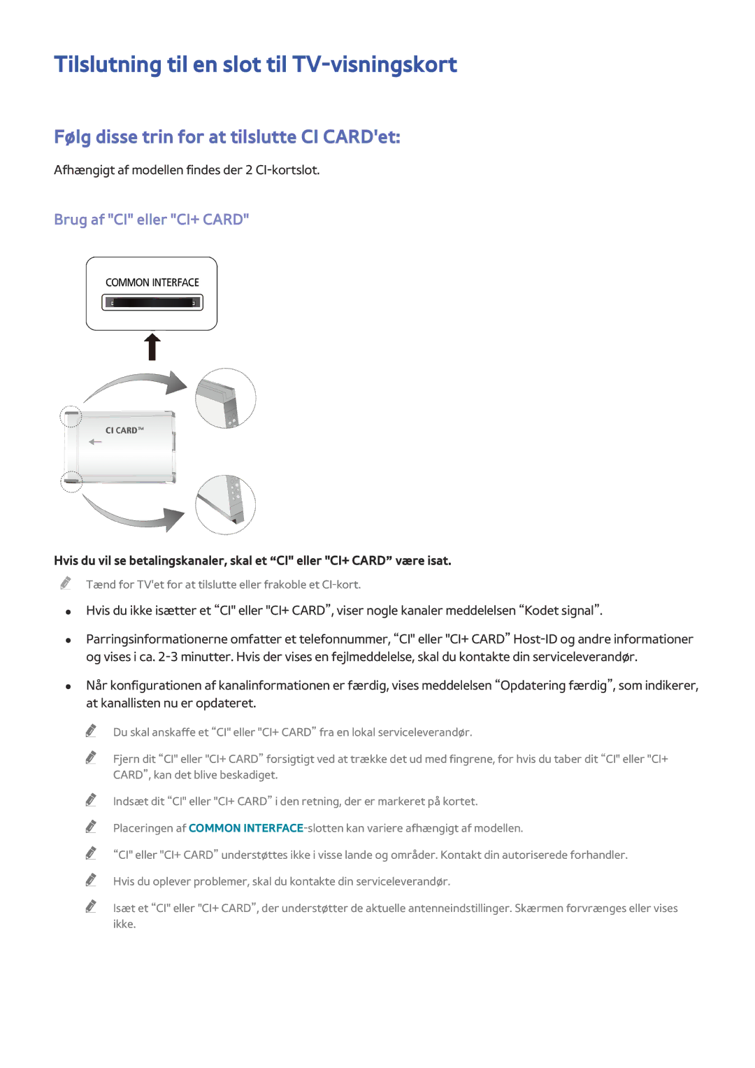 Samsung UE65HU8505QXXE manual Tilslutning til en slot til TV-visningskort, Følg disse trin for at tilslutte CI CARDet 