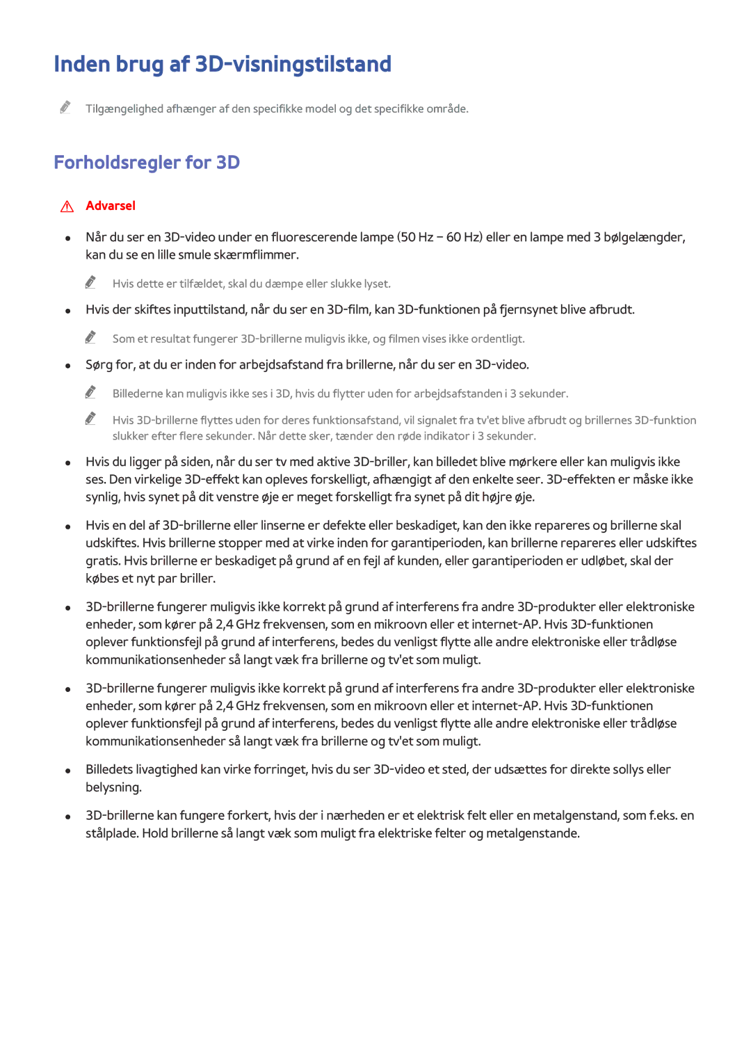 Samsung UE65HU8505QXXE, UE55HU8505QXXE, UE78HU8505QXXE manual Inden brug af 3D-visningstilstand, Forholdsregler for 3D 
