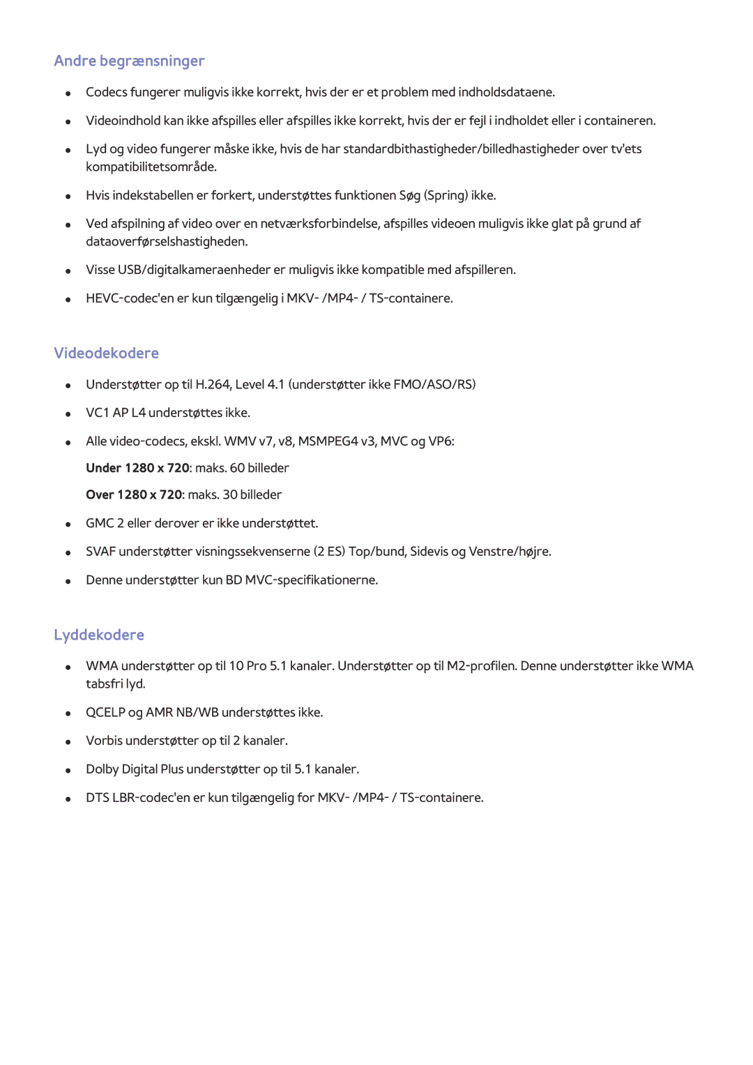 Samsung UE78HU8505QXXE, UE55HU8505QXXE, UE65HU8505QXXE manual Andre begrænsninger, Videodekodere, Lyddekodere 