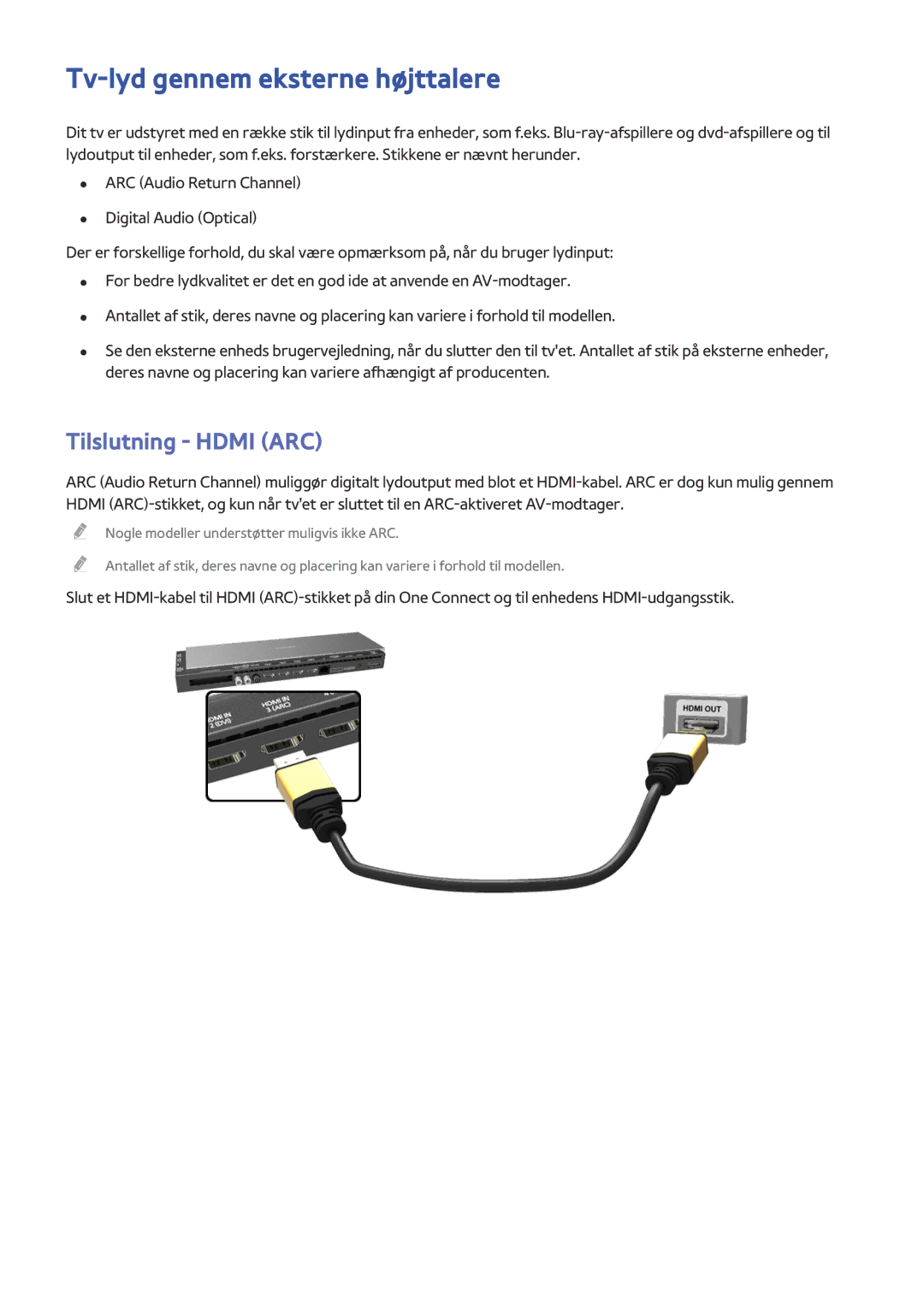 Samsung UE55HU8505QXXE, UE78HU8505QXXE, UE65HU8505QXXE manual Tv-lyd gennem eksterne højttalere, Tilslutning Hdmi ARC 