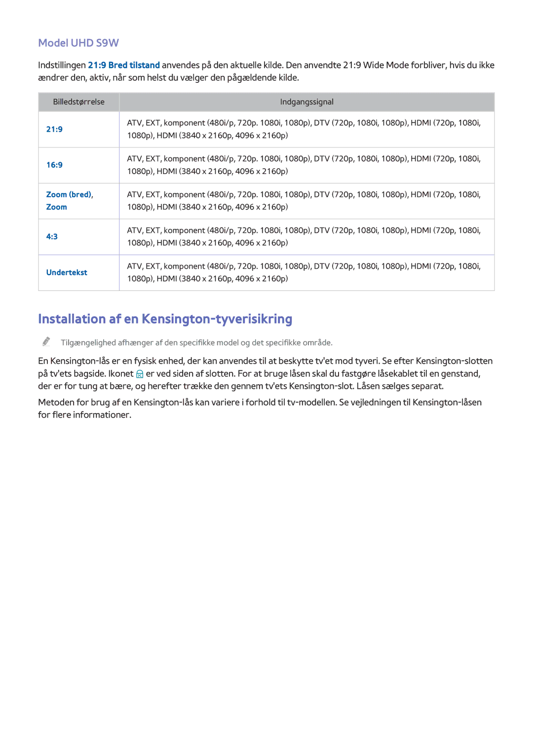 Samsung UE78HU8505QXXE, UE55HU8505QXXE, UE65HU8505QXXE manual Installation af en Kensington-tyverisikring, Model UHD S9W 