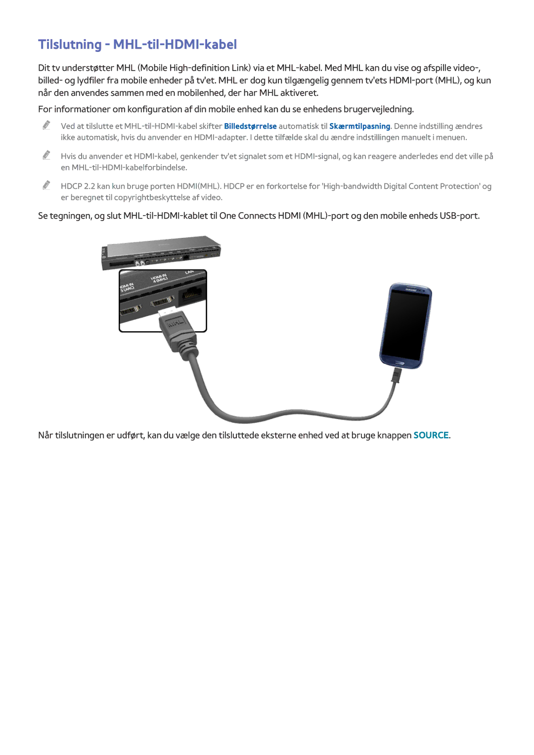 Samsung UE65HU8505QXXE, UE55HU8505QXXE, UE78HU8505QXXE manual Tilslutning MHL-til-HDMI-kabel 