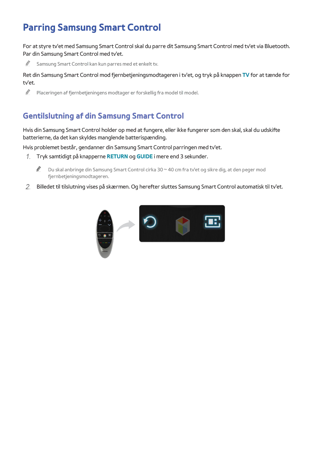 Samsung UE65HU8505QXXE, UE55HU8505QXXE manual Parring Samsung Smart Control, Gentilslutning af din Samsung Smart Control 