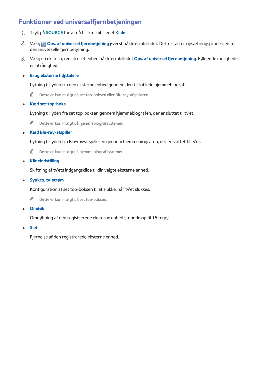 Samsung UE65HU8505QXXE, UE55HU8505QXXE, UE78HU8505QXXE manual Funktioner ved universalfjernbetjeningen 