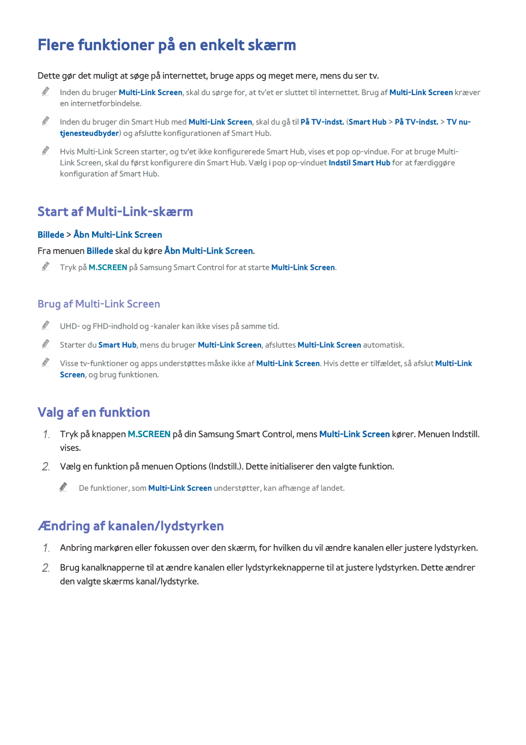Samsung UE55HU8505QXXE, UE78HU8505QXXE Flere funktioner på en enkelt skærm, Start af Multi-Link-skærm, Valg af en funktion 