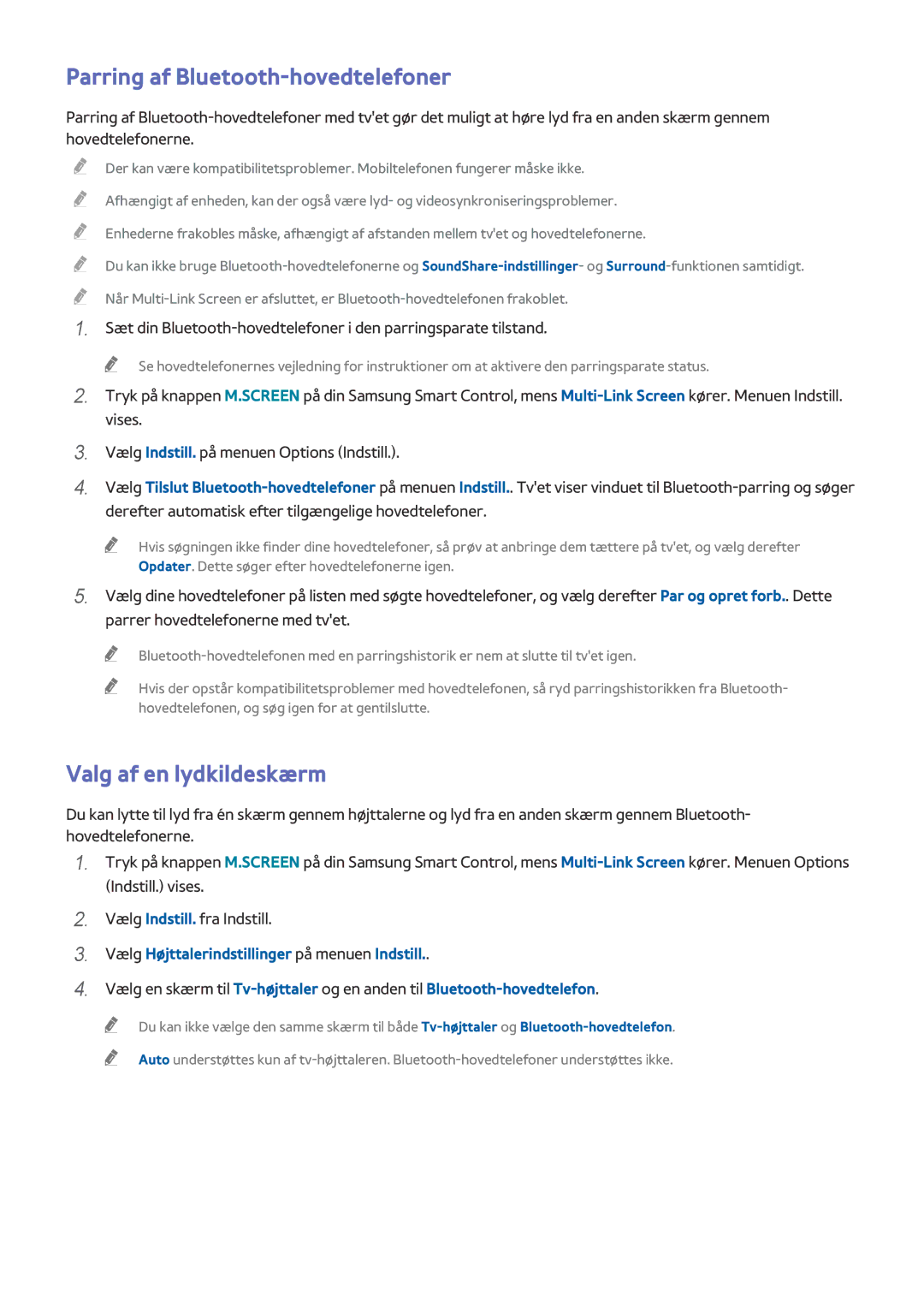 Samsung UE78HU8505QXXE manual Parring af Bluetooth-hovedtelefoner, Valg af en lydkildeskærm, Vælg Indstill. fra Indstill 